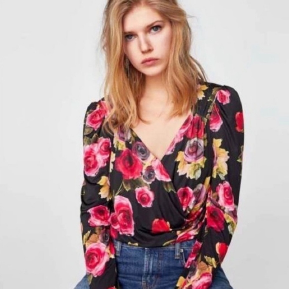 ZARA Floral Rose Print Bodysuit Women’s Size Small